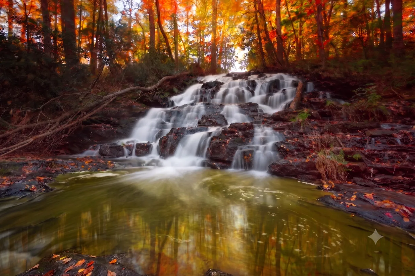 Illustrative Vogel State Park scene showing warmer water pressure and algae growth